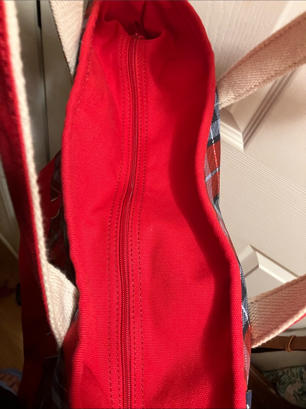Lands' End Red Plaid Canvas Tote with Front Pocket - Picture 7 of 8